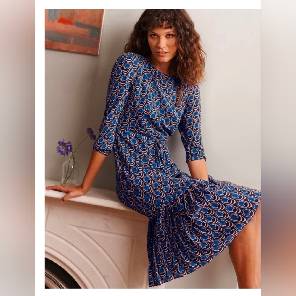 Boden Blue Geometric Tie-Waist Midi Dress - Size 16/18